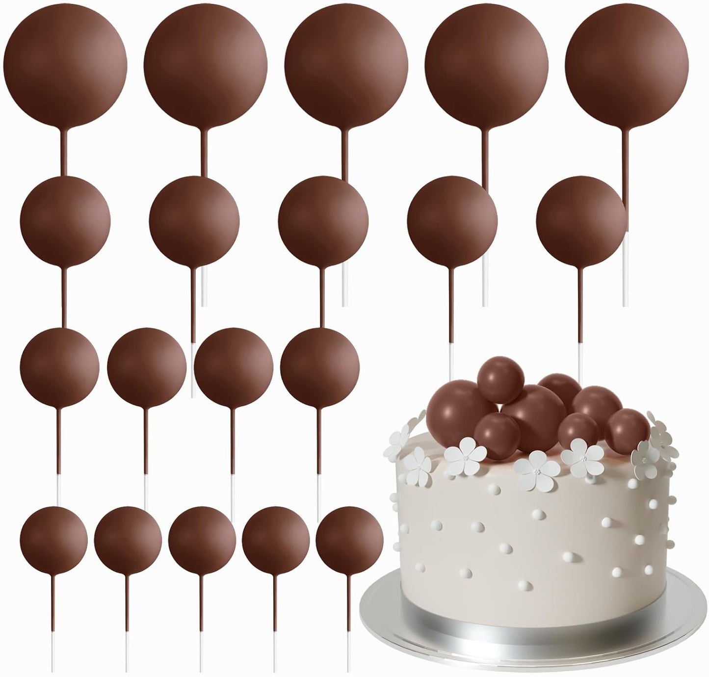 ASTARON 20 Pcs Ball Cake Topper Decorations Mini Balloons Cake Topper Sticks Brown Balls Cake Picks Cake Topper Balls Cake Decorations for Wedding Birthday Cake Decorations