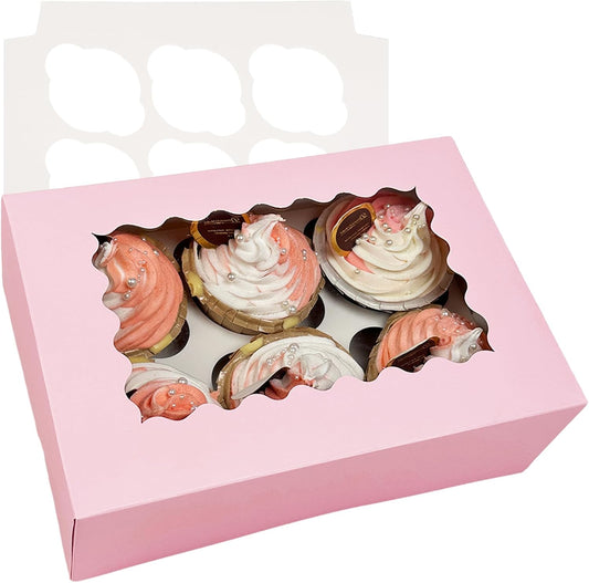 Bakepacker Auto-pop up 6 Cupcake Boxes with Window 20 Count Pink Box 9.4 x 6.1 x 3 inch Cupcake Carrier