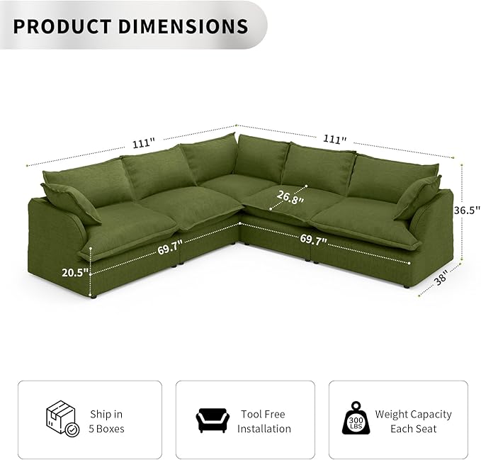 5 Seat V Shape Modular Sectional Couch Sofa - Image 2