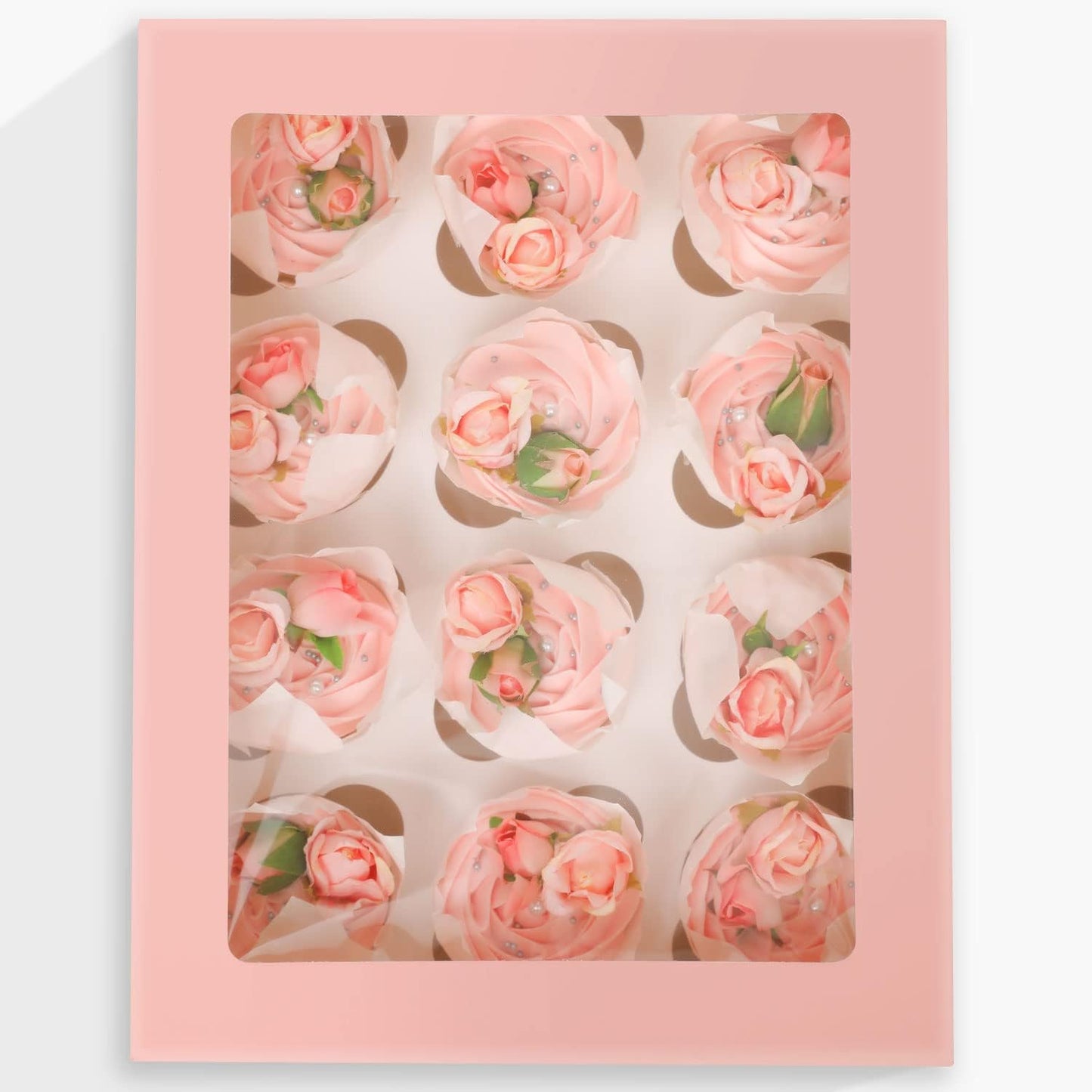 12 Cupcake Containers 20-Packs Pink Cupcake Box Cupcakes Carrier, 12 Cupcake Boxes with Window 13"x10"x3.5"（Auto-pop up）