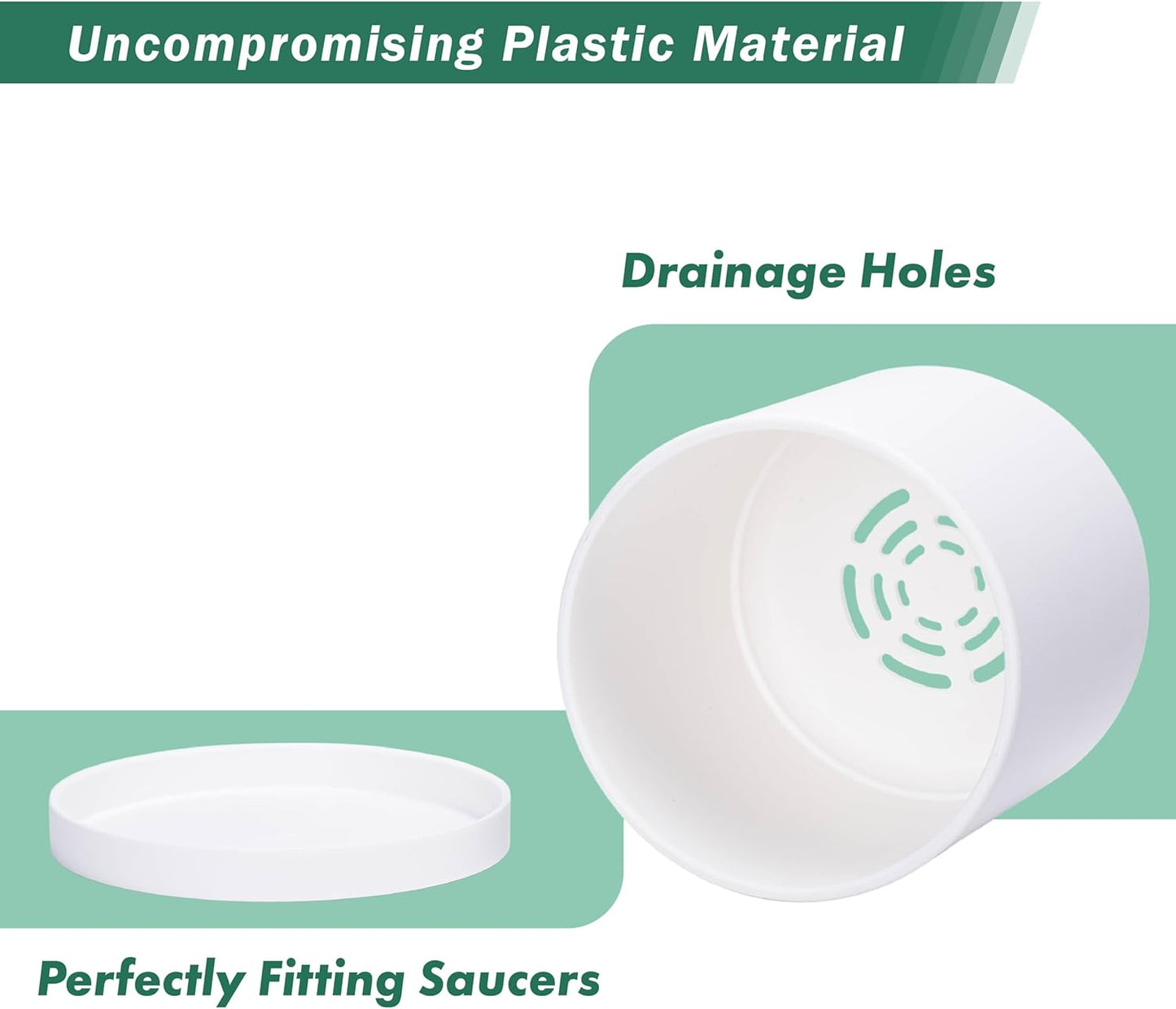 D'vine Dev 2 Pack 6.5 Inch Modern Plastic Plant Pots, Small Garden Planters for Plant with Drainage Holes and Saucers, White Color, 74-Z-L-1