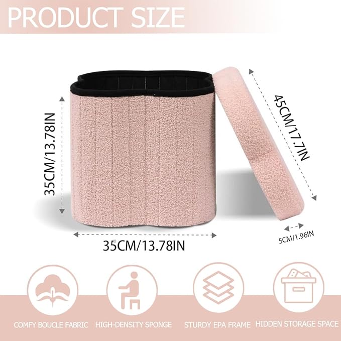 Boucle Storage Ottoman Cube, 13.8" Flower-Shaped Footstool - Image 3