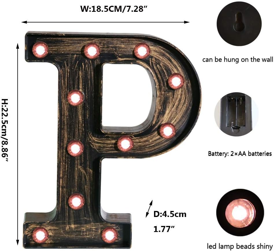 OYCBUZO Golden Black Led Marquee Letter - Industrial, Vintage Style Light Up Alphabet Letter Sign for Cafe Wedding Birthday Party Christmas Lamp Home Bar Initials Decor - P