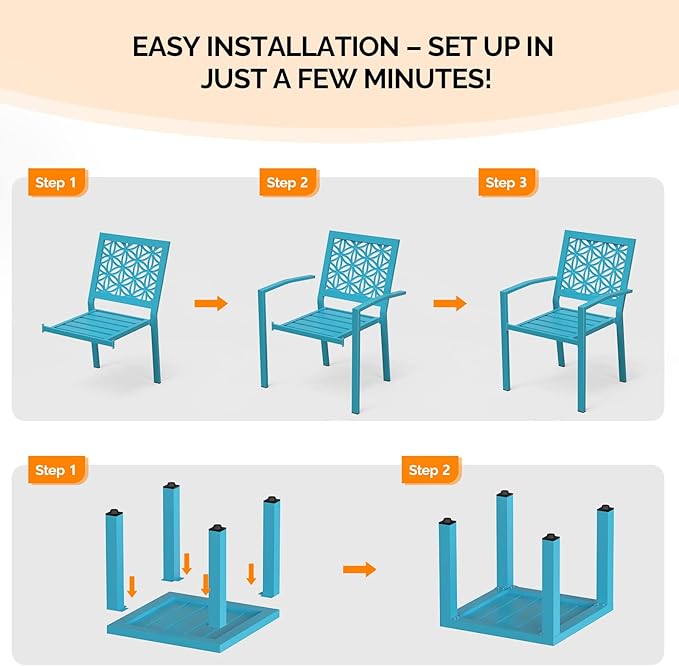 VINGLI 3-Piece Outdoor Bistro Set, Stackable Modern Metal Steel Table and Chairs - Image 6