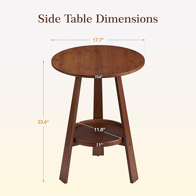 Bamboo Round End Table with Storage Shelf, 2-Tier Mid-Century Modern Accent - Image 2