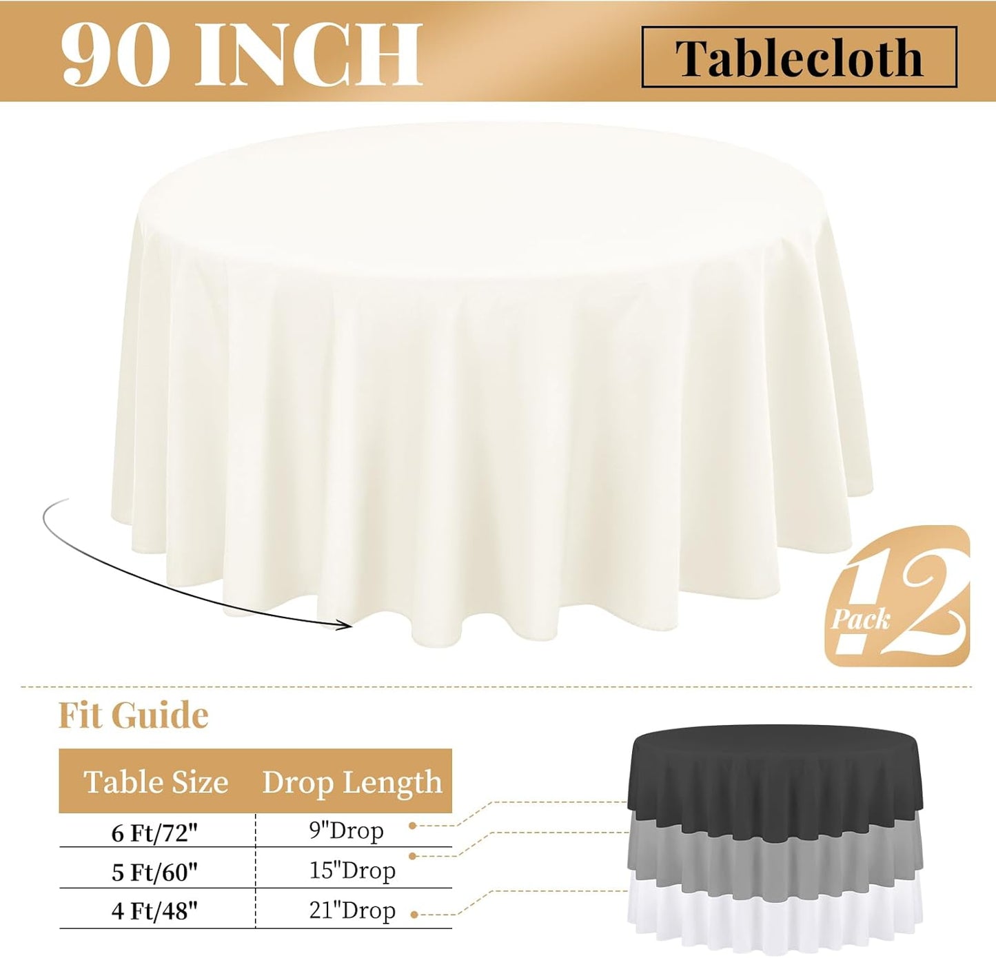 fani 12 Pack 90 Inch Round Tablecloth Ivory Polyester Fabric Table Cloth for Round Table,Washable Table Cover for Wedding Party Dining Table Buffet Banquet Restaurant and Camping