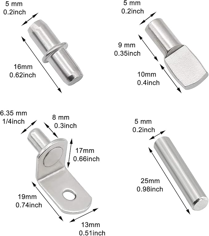 104Pcs Shelf Pins Kit, 4 Styles Nickel Plated Shelf Support Pegs, Bookshelf Pegs - Image 2