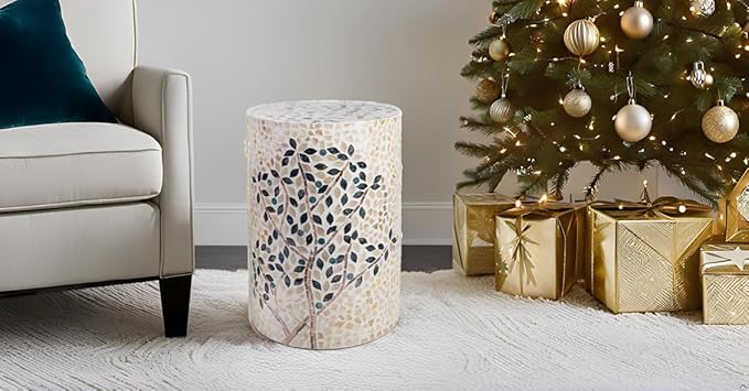 PEMAR Mother of Pearl Cylinder Drum End Table Nacre Side Stool Round Accent - Image 4