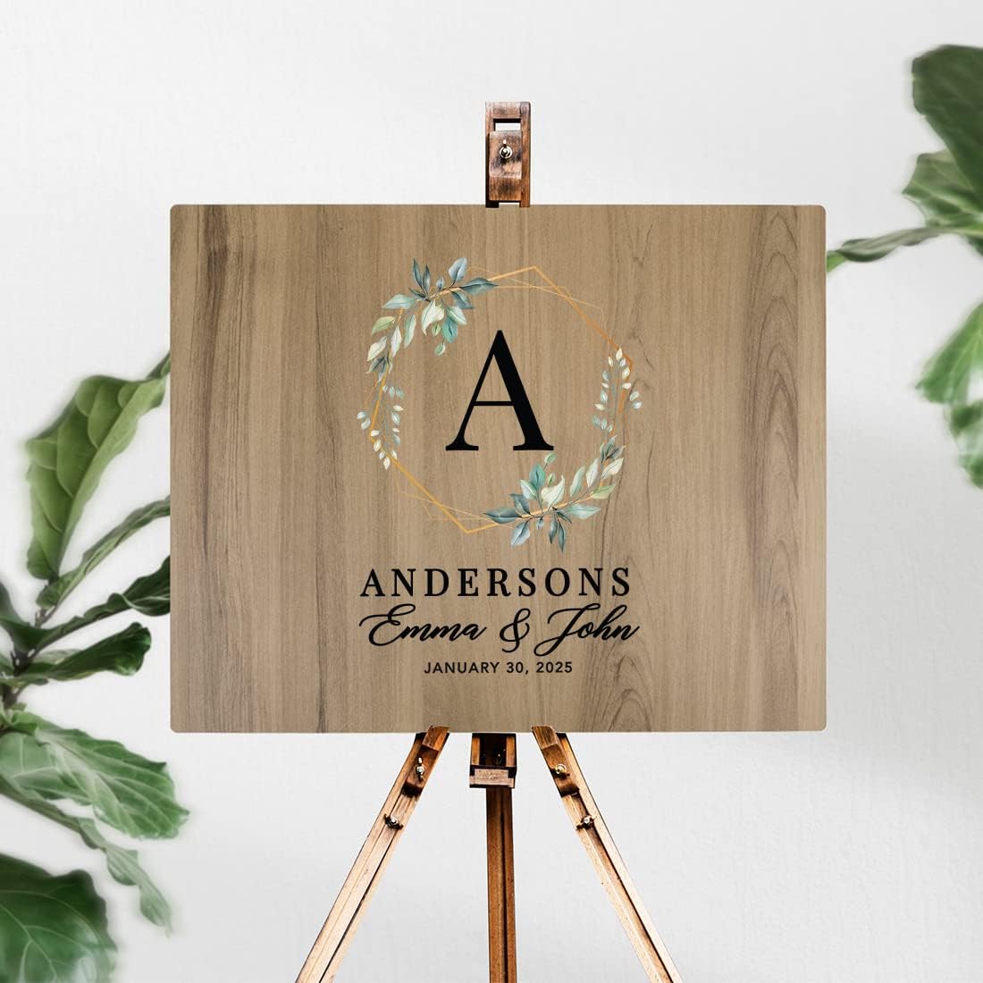 Andaz Press Large Wooden Welcome Sign for Wedding Rustic Welcome Sign 16" x 20" Custom Names & Date Geometric Greenery Fall Wedding Signage English Oak MDF Wood Finish Reception Indoor Outdoor Sign