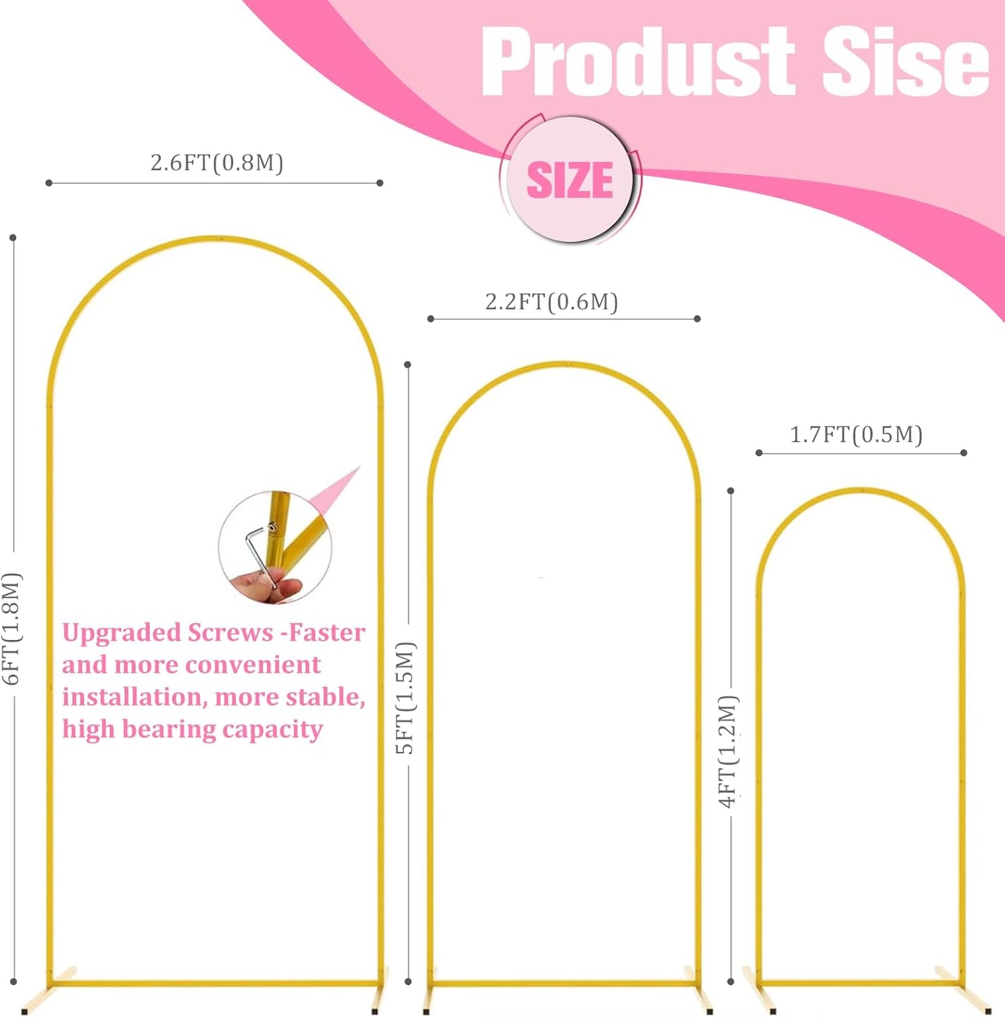 Bazen Wedding Arch Backdrop Stand 6FT, 5FT, 4FT Set of 3 Metal Arch Backdrop Stand for Birthday Party Wedding Ceremony Bridal Baby Shower Banquet Party Event Decor