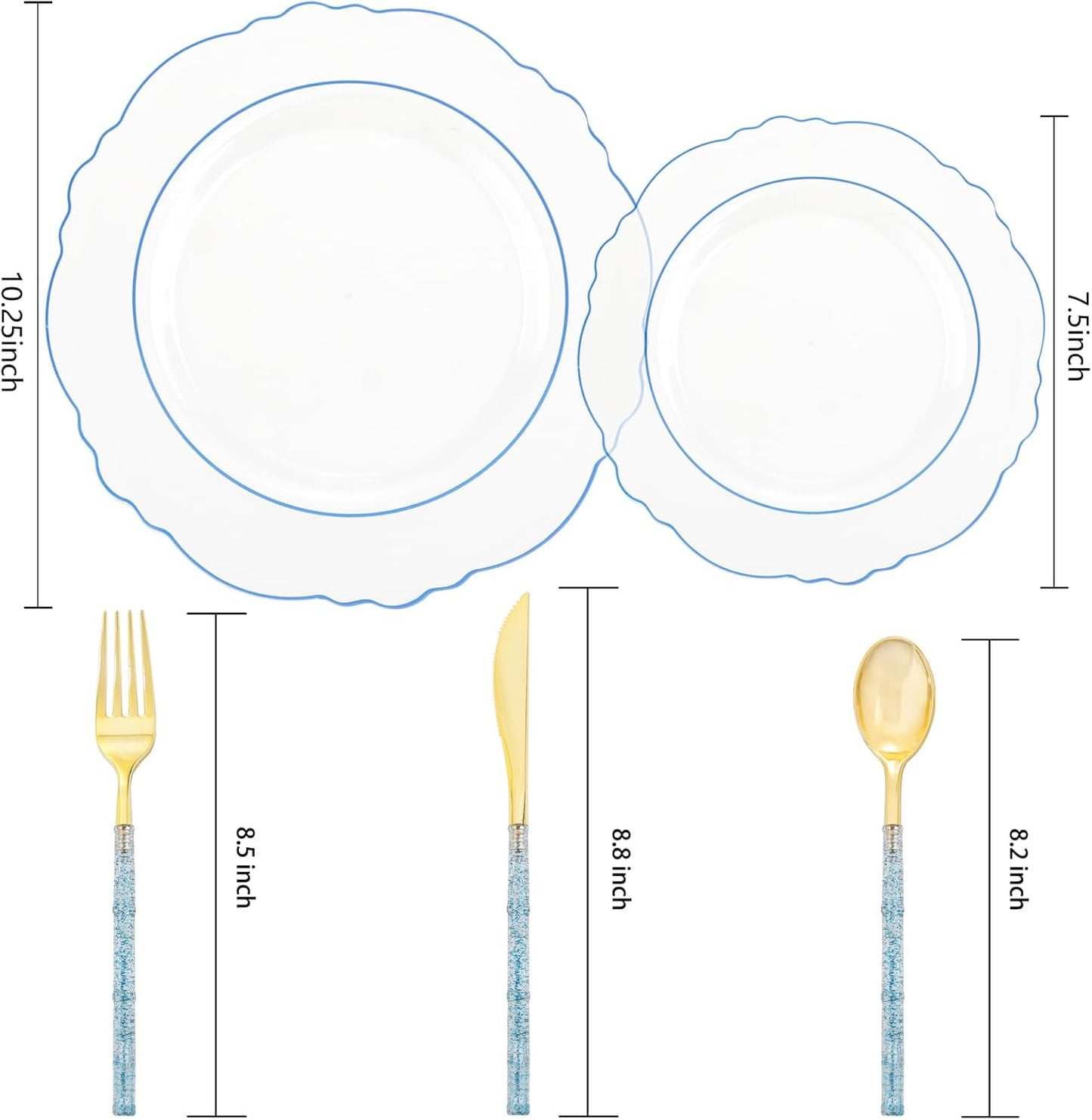 Liacere 150PCS Clear and Blue Plastic Plates-Clear and Blue Disposable Plates with Glitter Bamboo Handle Cutlery-60 Baroque Elegant Plates, 30 Forks, 30 Spoons, 30 Knives for Wedding＆Back to School