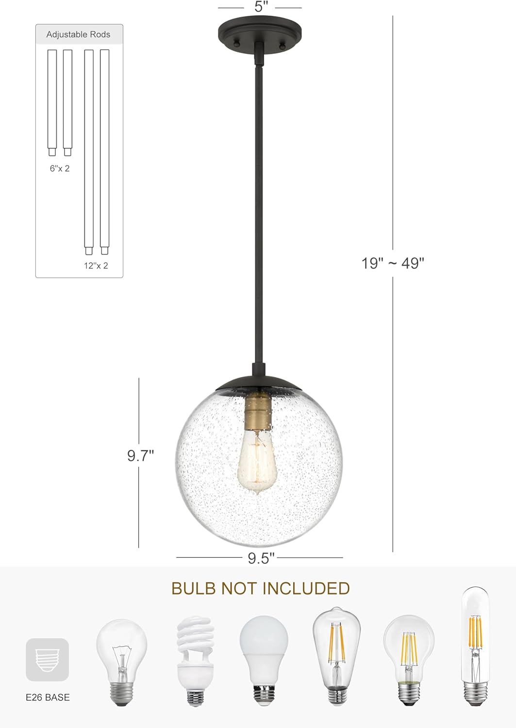 Globe Pendant Lighting, Black and Gold Pendant Light for Kitchen Island, 9.5 inch Seeded Globe Glass Shade for Kitchen, Hallway, Entryway, Dining Room, Bedroom, Living Room