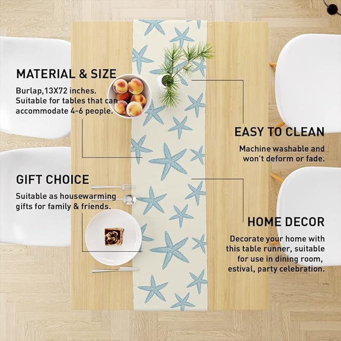 Blue Starfish Table Runner, Nautical Beach Table Runner Decor - Image 2