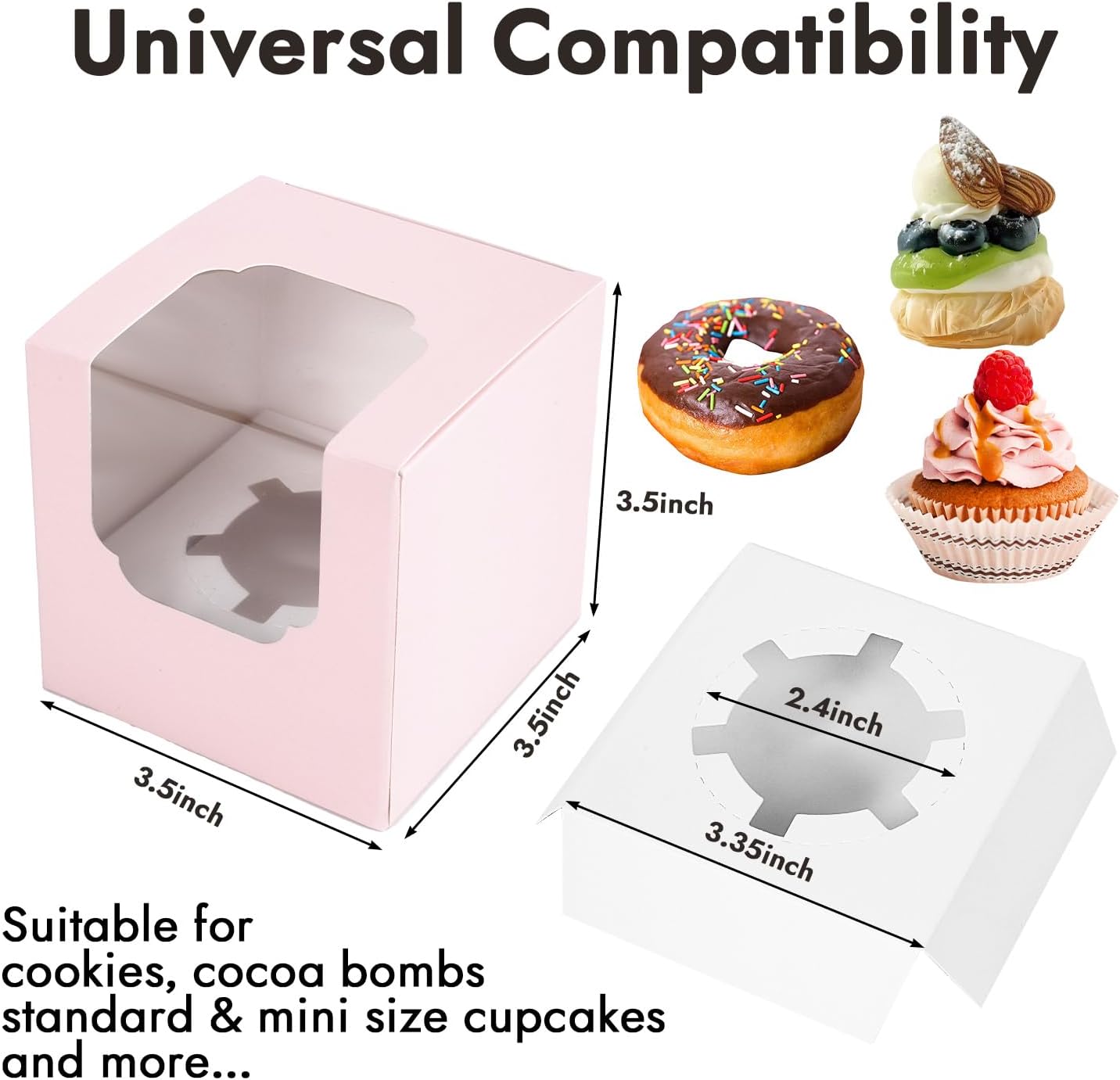 JCD 70 packs Pink Cupcake Boxes Individual Cupcake Container 3.5" x 3.5" x 3.5" Auto-Pop up Single cake Box for Bakery Gift Giving(70 Boxes+70 Inserts) (Pink/70Pcs)
