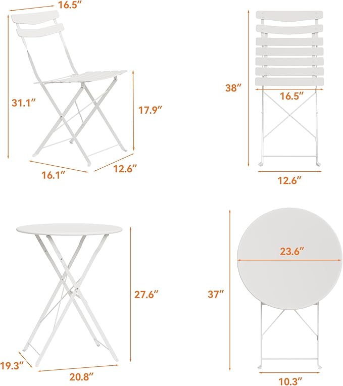 GarveeLife 3 Piece Patio Bistro Set, Folding Patio Bistro Table and Chairs Set - Image 8