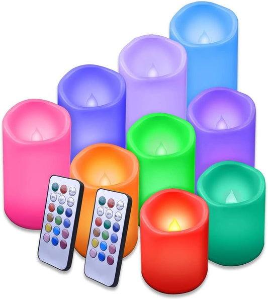 Enido Flameless Candles, Color Changing LED Candles(D: 3" x H: 4" 5" 6") Battery Operated Outdoor Waterpoof Candles Plastic Pack of 9 Flameless Pillar Candles