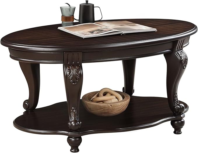 Oval Wood Coffee Table for Living Room, 2-Tier Solid Wood Coffee Table by FGXJY