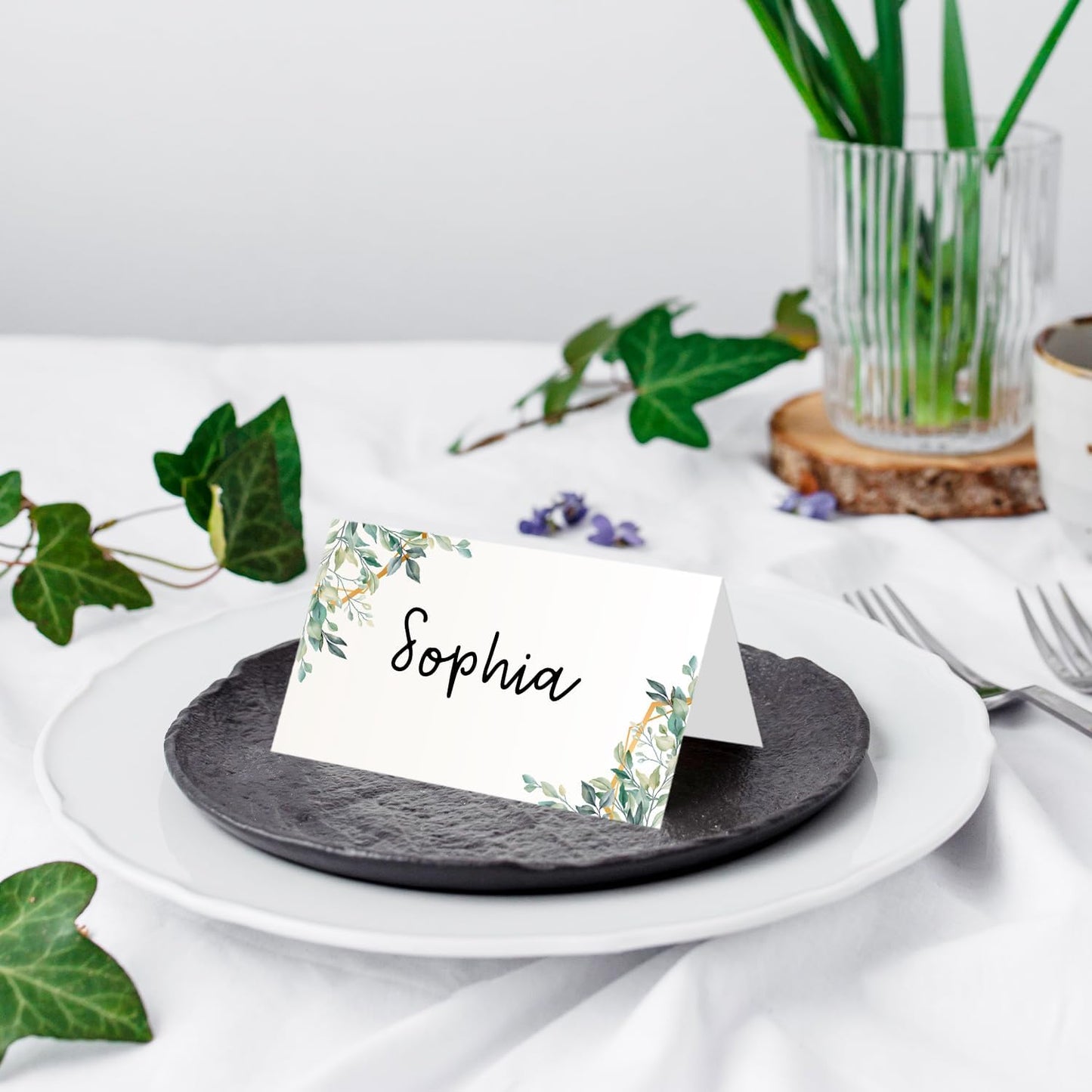 25 Pack Greenery Place Cards, Editable Name Cards for Table Setting, Tent Cards Food Label for Dinner Party, Bridal Shower, Wedding, Baby Shower and Events -T08