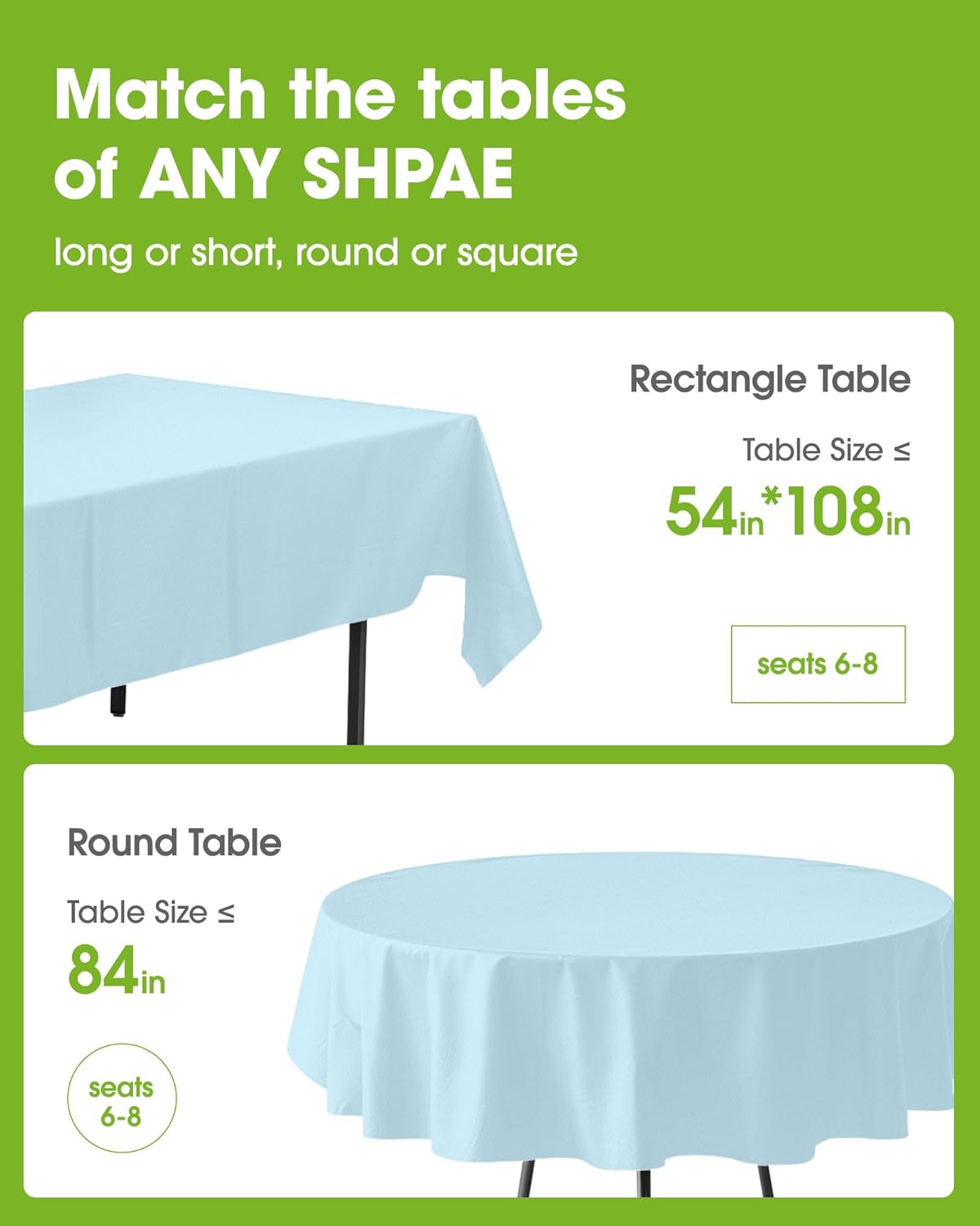 Pureegg Plastic Table Cloth Disposable 10 Pack, 54 x 108 Inch Table Cloths, Easter Party, Picnic, Wedding, Decorative Tablecloths, Rectangle, Baby Blue Plastic Cover, Leakproof & Sturdy, Light Blue