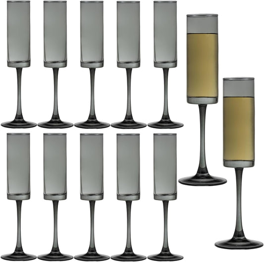 12 Pieces Black Champagne Flutes 6 OZ Straight Sided Wine Glasses Champagne Long Stem Drinking Colored Glasses,Set of 12 Hand Blown Champagne Flutes Goblets for Wedding Cocktail Cups,Cava, Prosecco