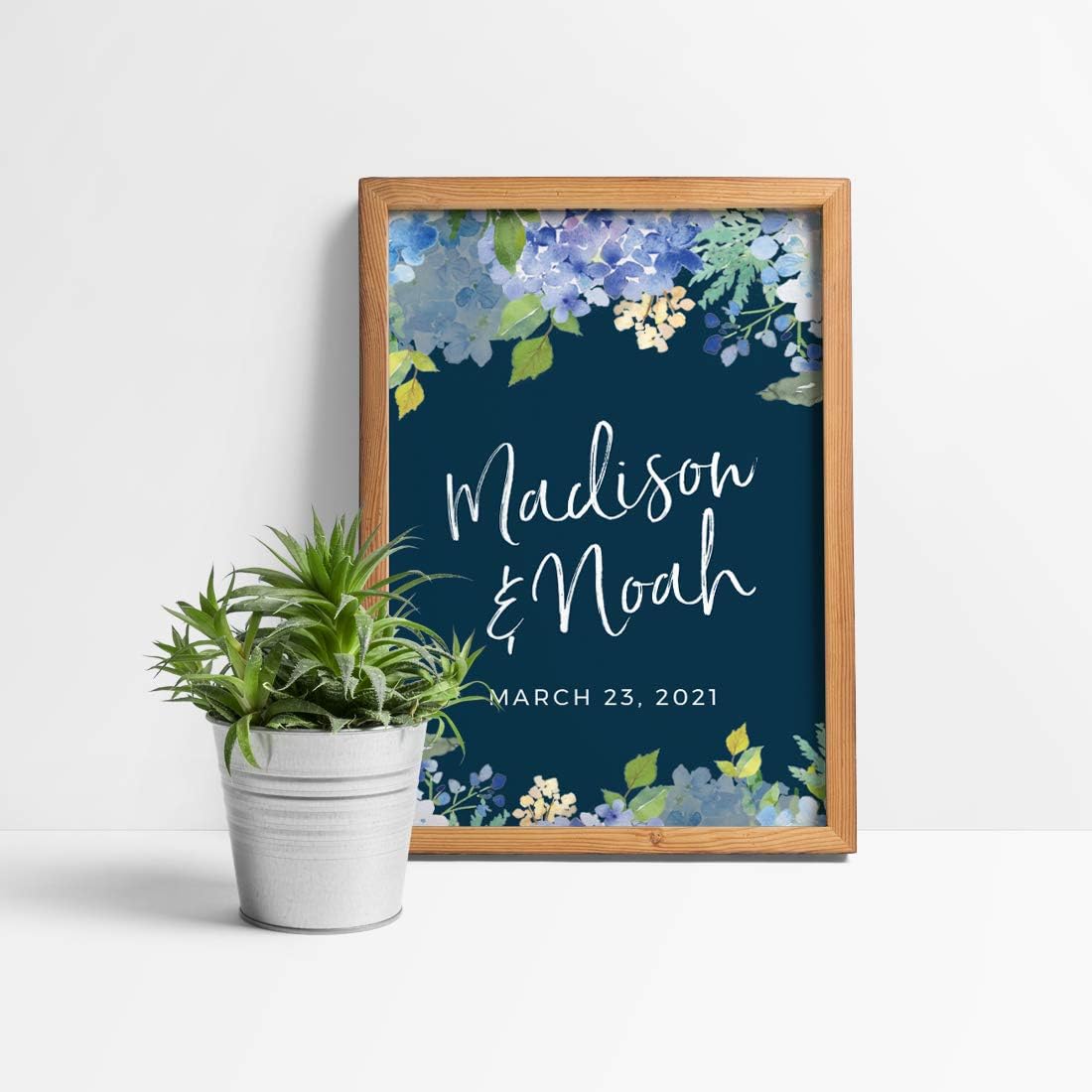 Andaz Press Personalized Extra Large Wedding Easel Board Party Sign, 12x18-inch, Baby Blue Hydrangea Floral Flowers on Navy Blue, Bride Groom Names and Date, 1-Pack, Custom