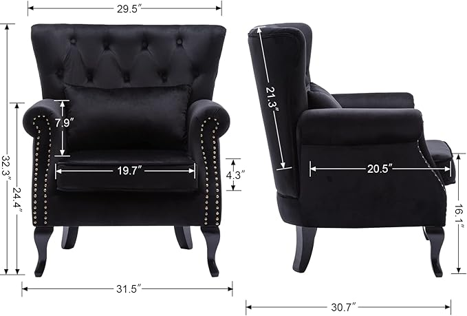 Set of 2 Mid-Century Modern Accent Chair, Velvet Armchair w/Tufted Back/Wood - Image 3