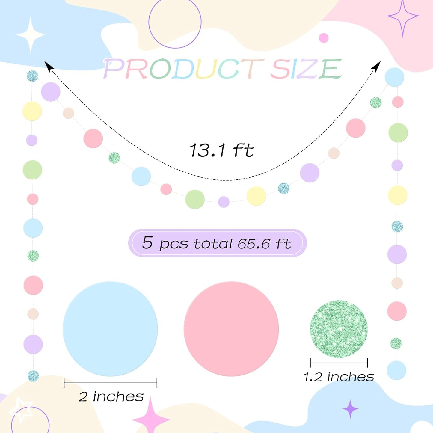 Outus 5 Pieces Colorful Dots Paper Garland Round Glitter Garland Hanging Confetti Streamers Backdrop for Candy Birthday Classroom Halloween Trunk or Treat Car Decoration (Pastel)