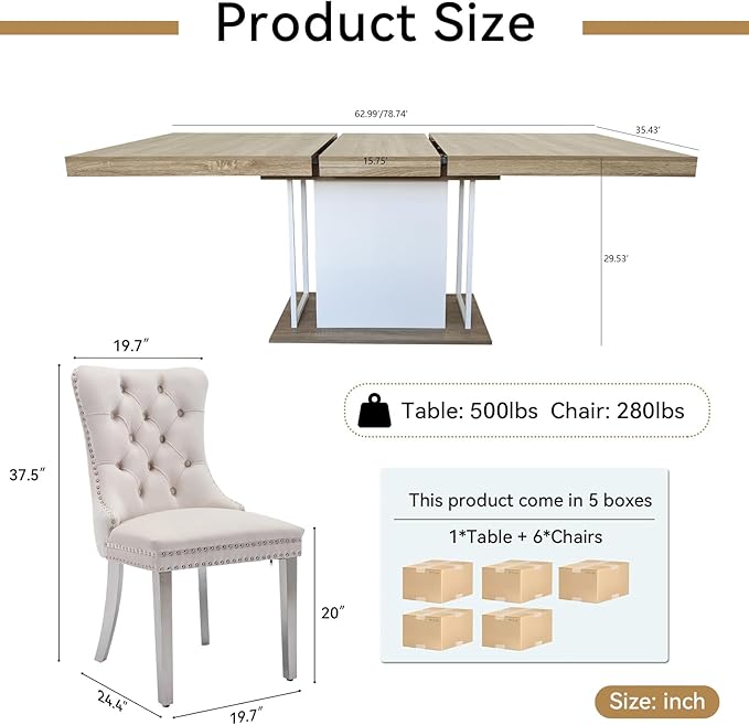 Henf 63"-79" Dining Table Set for 6, 7 Pieces Extendable Dining Table and 6 - Image 7