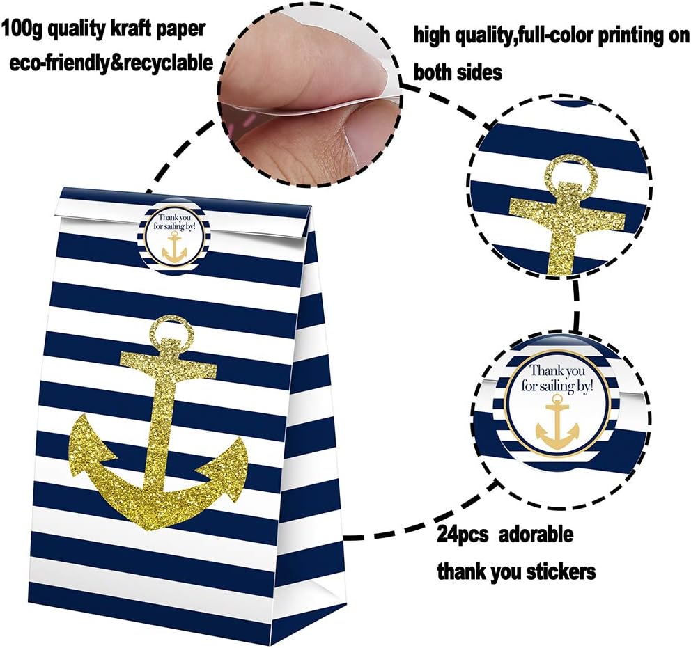 SamPartyShop Nautical Goodie Bags - 24 Pcs Nautical Party Favors Candy Bags with Stickers, Nautical Goody Gift Treat Bags Nautical Themed Birthday Party Supplies