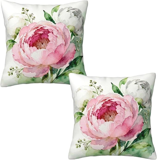 Peony Flower Pillow Covers 18x18 Set of 2, Floral Throw Pillow Covers Outdoor by Tebjh