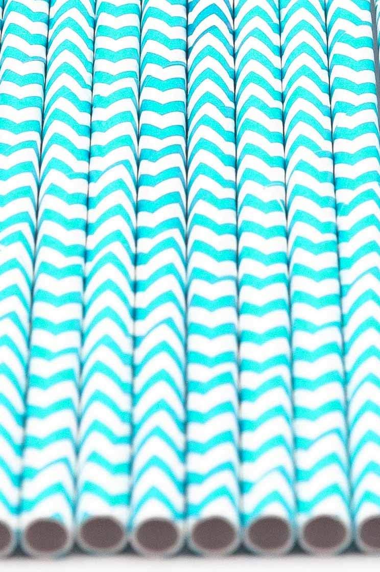 Pack of 300 Turquoise Chevron Biodegradable 4-Ply Paper Drinking Straws (Compostable, Non-toxic, BPA-free)