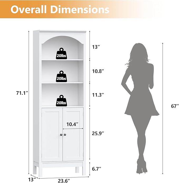 Bookshelf with Doors, Floor Standing Display Storage Cabinet - Image 2