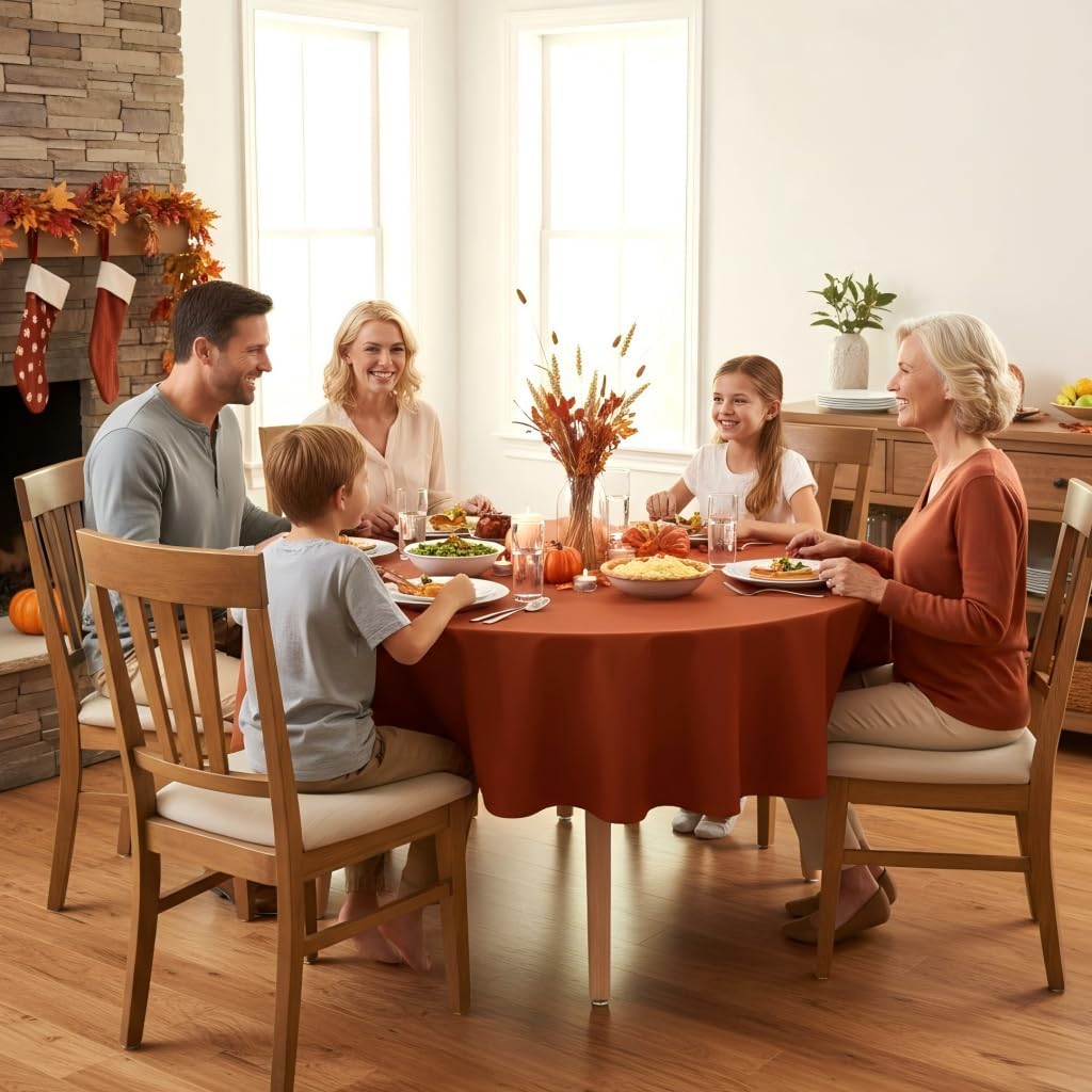 sancua Fall Round Tablecloth - 60 Inch Burnt Orange - Water Resistant Spill Proof Washable Polyester Thanksgiving Table Cloth Decorative Fabric Table Cover for Dining Buffet Parties and Camping, Rust