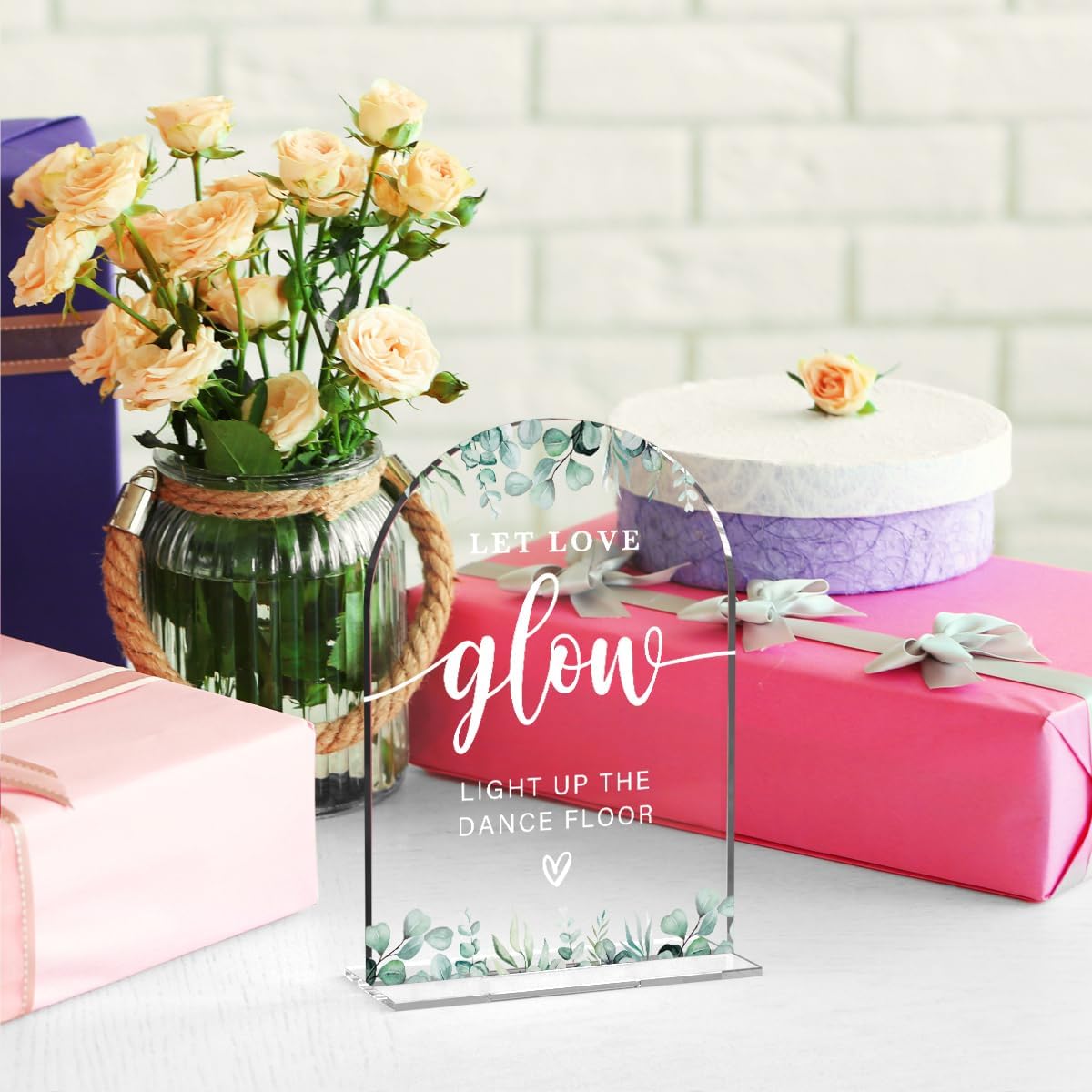 Acrylic Wedding Sign Let Love Glow Signs for Ceremony Modern Calligraphy Arch Acrylic Table Top Signs for Wedding Reception and Event Party Table Decor (Eucalyptus Leaves)