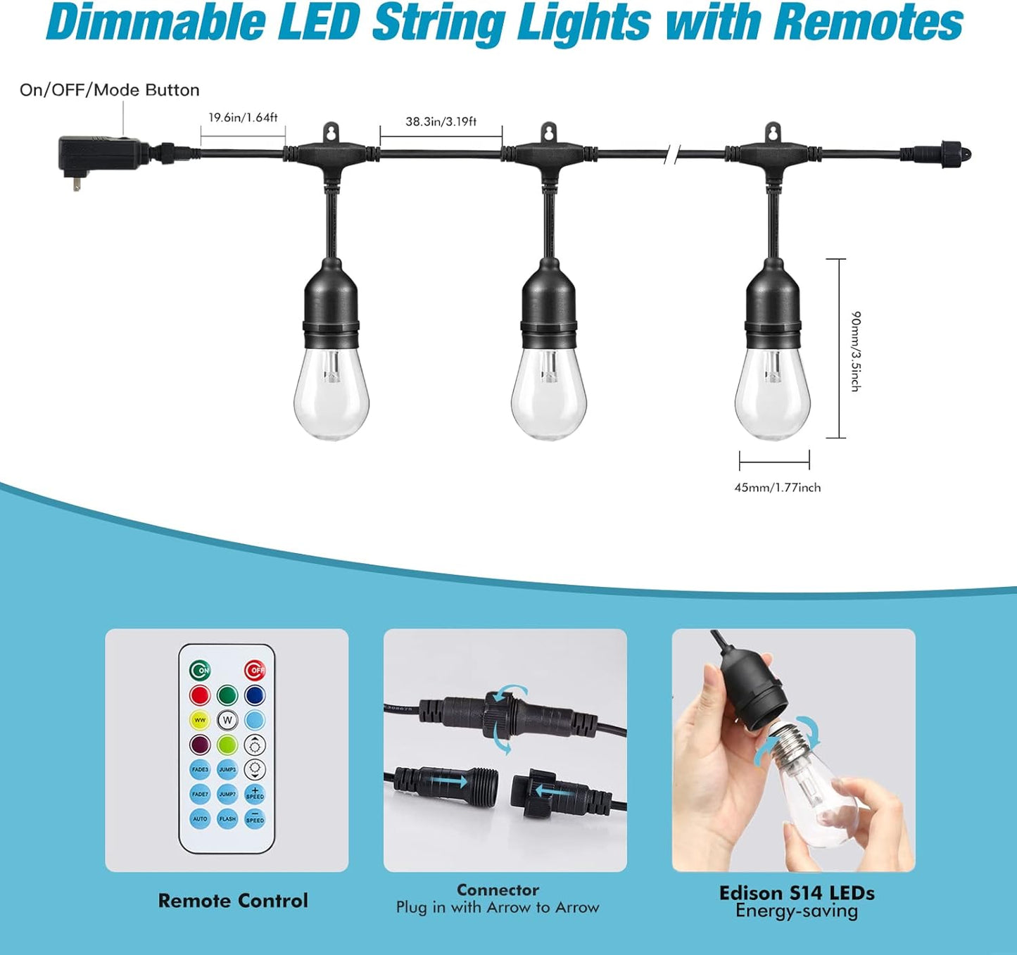 48FT RGB Outdoor String Lights, 15 Shatterproof Edison LED Bulbs, Waterproof Color Changing Patio Lights with Remote. Dimmable Decorative Lighting for Backyard, Camping.