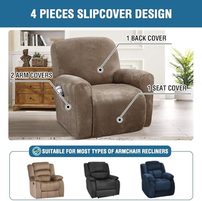 H.VERSAILTEX Velvet Stretch Recliner Couch Covers 4-Pieces Style Recliner Chair - Image 2