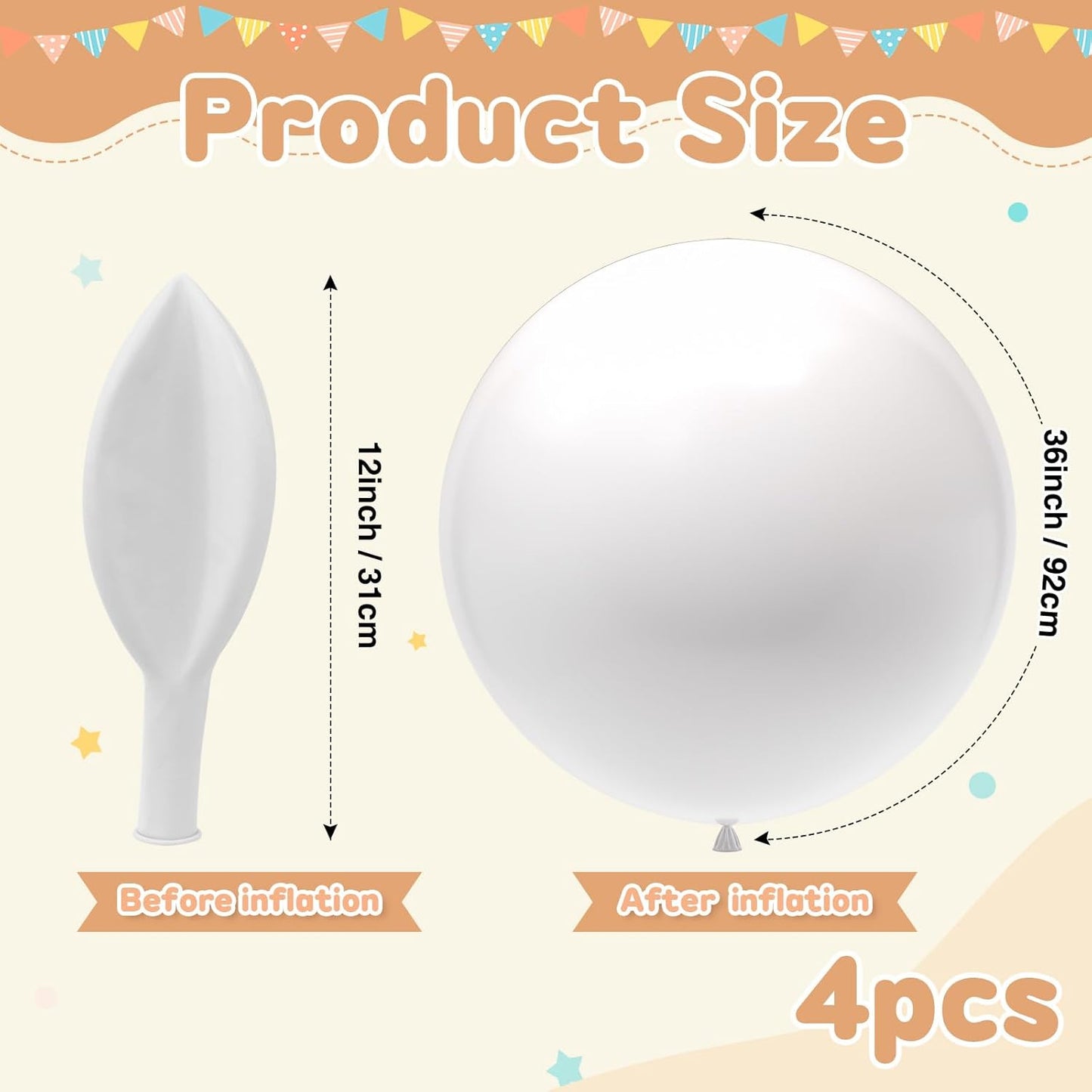 Giant 36 inch Balloons, 4pcs Large White Jumbo Balloons for Wedding, Party & Baby Shower Decorations