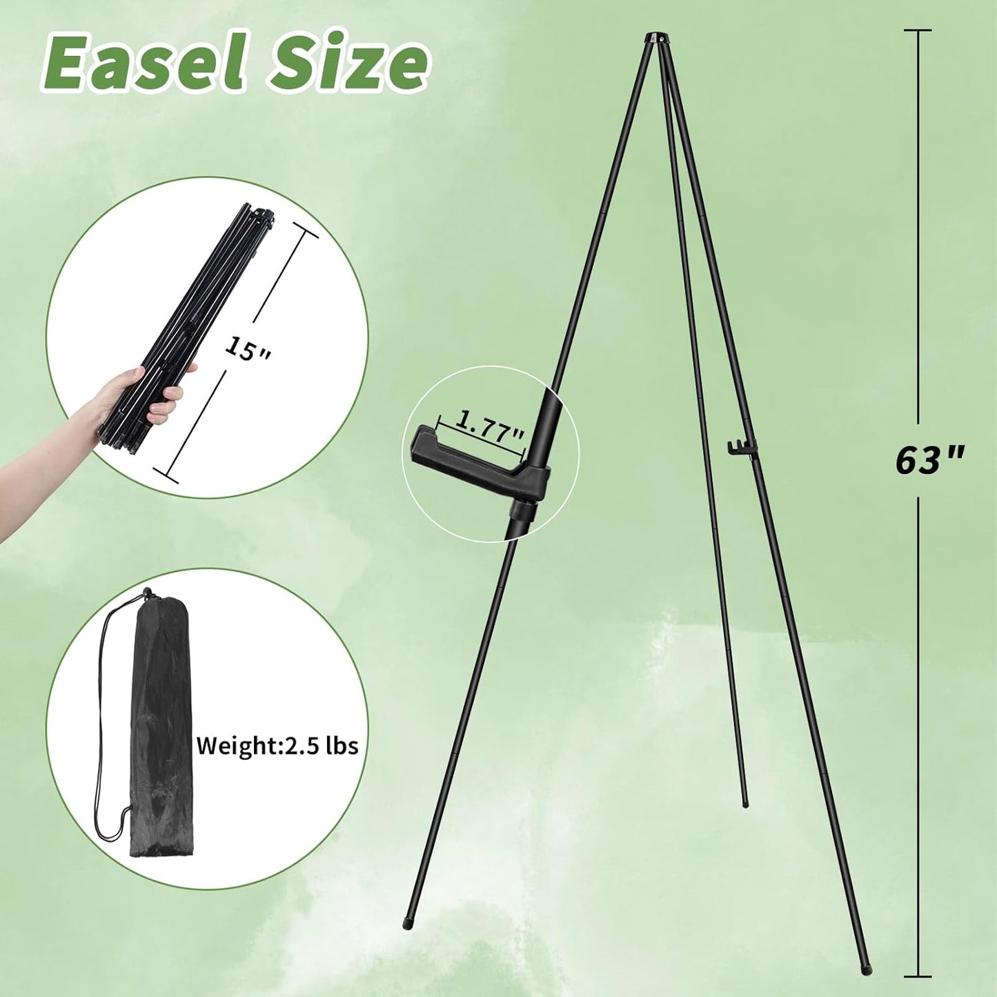 PUJIANG Easel Stand for Signs,63" Easels for Displaying Pictures, Display Easels for Wedding Sign Poster, Metal Floor Standing Easel,Folding Art Easel for Painting, Welcome Sign Stand with Case