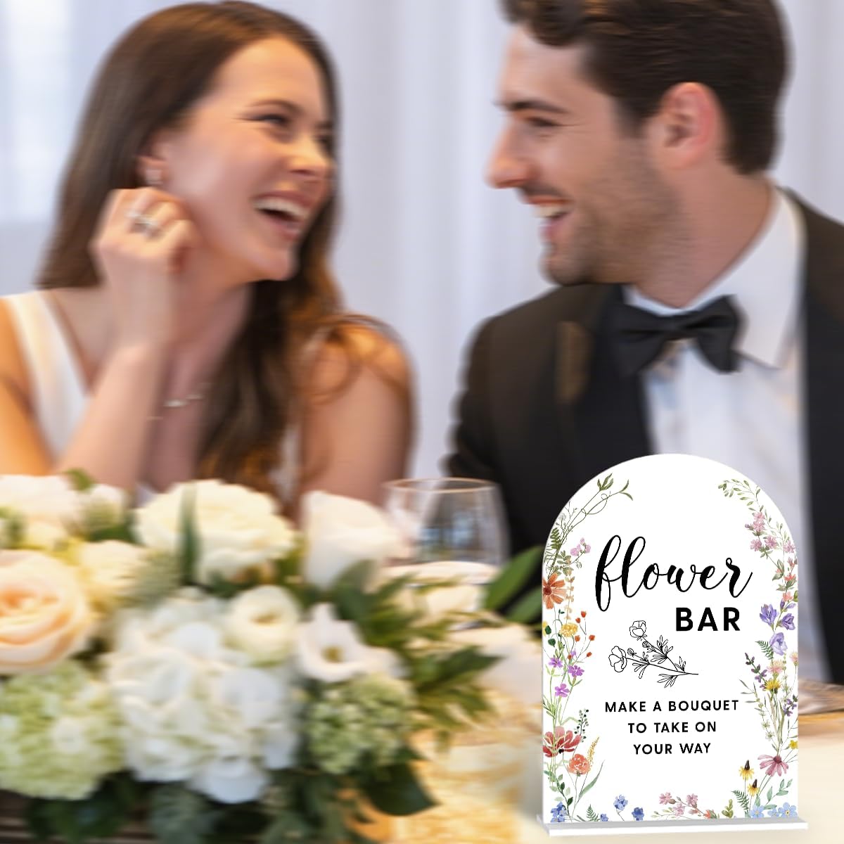 Acrylic Wedding Signs, Flower Bar Signs for Marriage Reception, Flower Bar Desk Decor, Modern Arched Round Top Acrylic Table Top Sign with Holder for Wedding Reception Party (White Wildflowers)