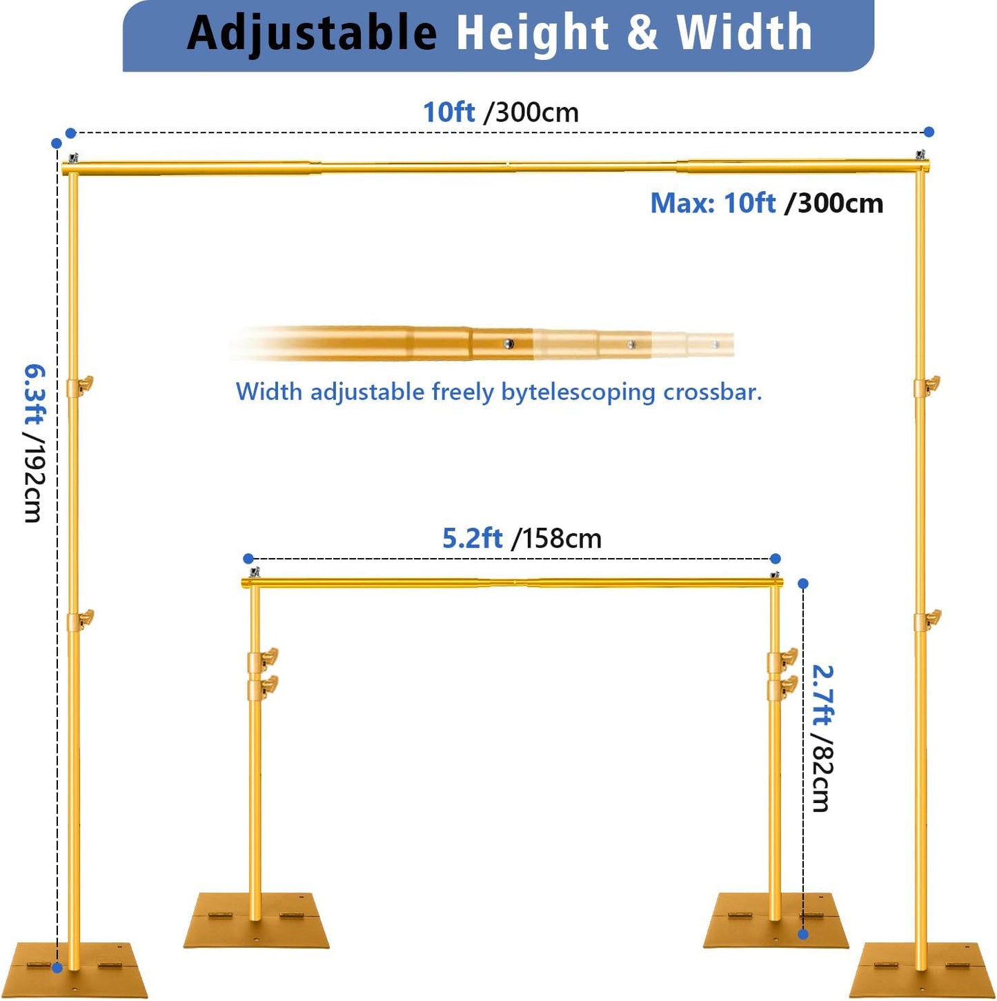 Pipe and Drape Photography Backdrop Stand Kit - Titanium Gold Adjustable Photo Background Stand 10ft x 6.5ft with Metal Base for Parties Weddings Birthday Party Events Photo Booth