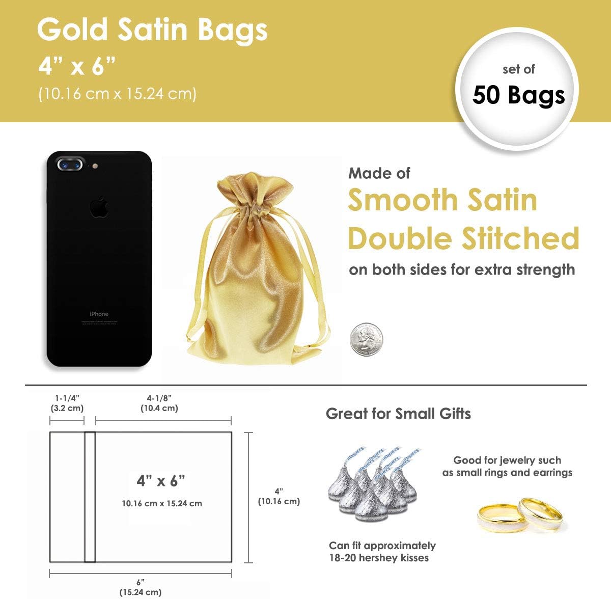 4" x 6" Gold Satin Gift Bags, Jewelry Bags, Wedding Favor Drawstring Baby Shower Christmas 50 per Pack
