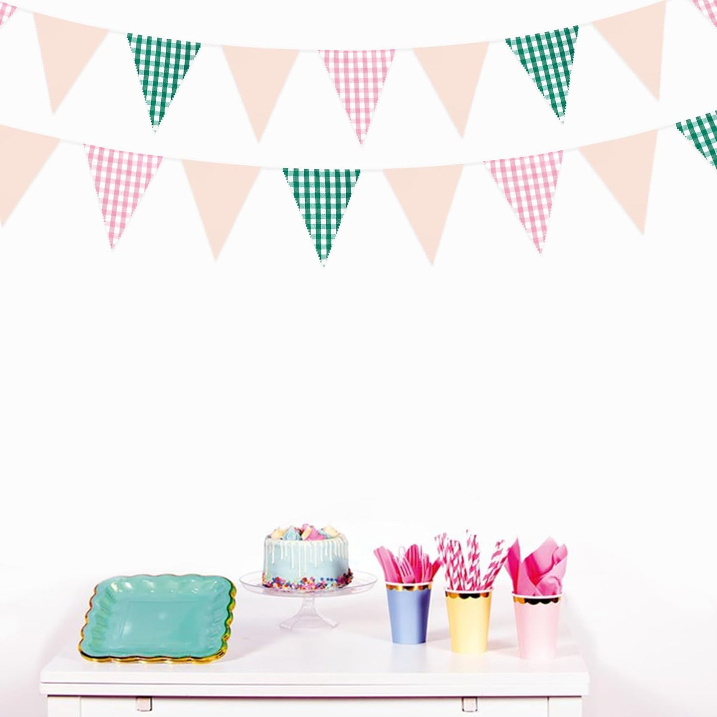 32Ft Pink Green Gingham Camp Bride Banner Green Pink Plaid Checkered Fabric Triangle Flag Pennant Garland Streamers for Camping Bachelorette Glamping Baby Shower Wedding Birthday Party Decorations