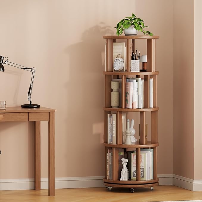 Muwuele Solid Wood Rotating Bookshelf on Wheels, 4 Tier, Round Revolving - Image 9