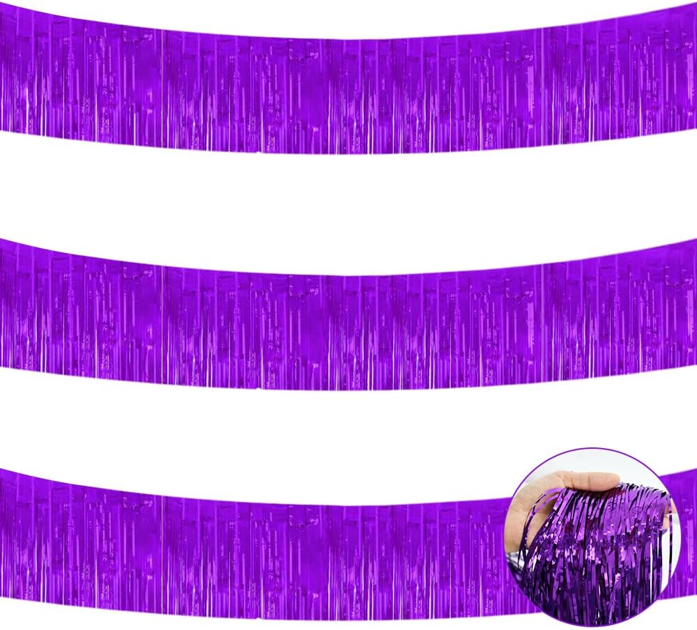 BEISHIDA 3 Packs 30 Feet Metallic Foil Fringe Garland Tinsel Streamers，Shiny Purple Wall Hanging Tinsel Fringe Banners for Wedding Birthday Party Decoration Halloween Christmas New Year