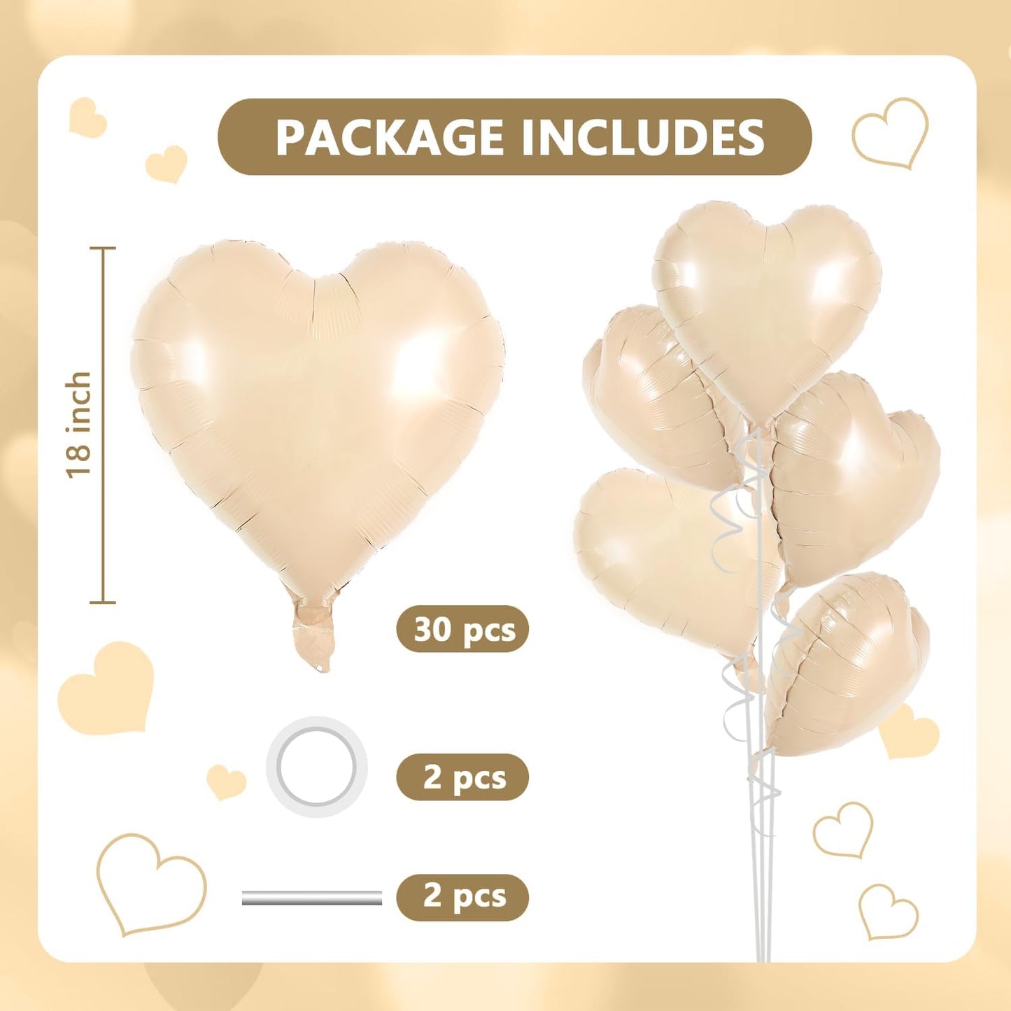 TONIFUL 30Pcs 18 Inch Light Brown Heart Balloons Heart Shape Foil Mylar Balloons Decoration for Birthday Valentine's Day Wedding Bridal Shower Anniversary Engagement Party Supplies