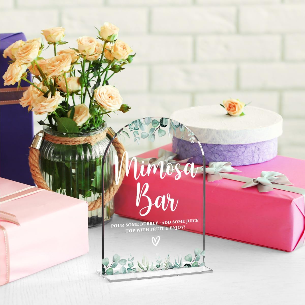 Acrylic Wedding Signs, Bridal Shower Decorations, Mimosa Bar Signs for Reception, Modern Calligraphy Arch Acrylic Table Top Sign for Wedding Reception and Engagement Parties (Clear Eucalyptus Leaves)