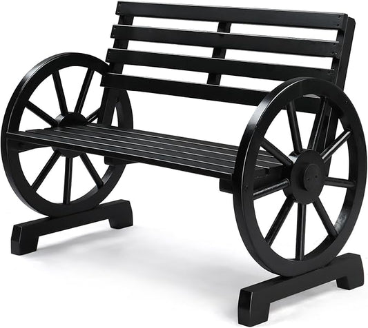 VINGLI Rustic Wooden Wheel Bench Outdoor Bench, Patio Bench Wagon Slatted Seat by VINGLI