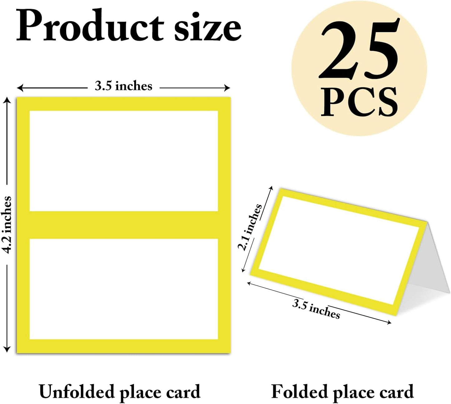 25 Pack Yellow Border Place Cards, Editable Name Cards for Table Setting, Tent Cards Food Label for Dinner Party, Bridal Shower, Wedding, Baby Shower and Events -T26
