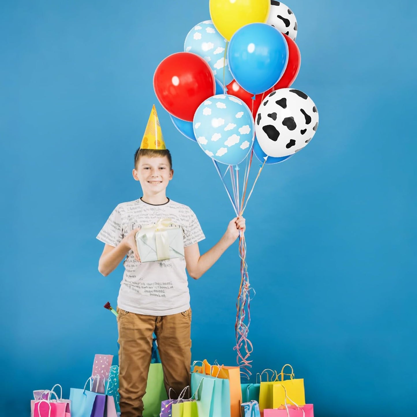 68Pcs Red Yellow Blue Toy Balloons 12 Inch Light Blue Cloud Cow Print Balloons for Baby's Birthday Story and Football Party Themed Decorations.