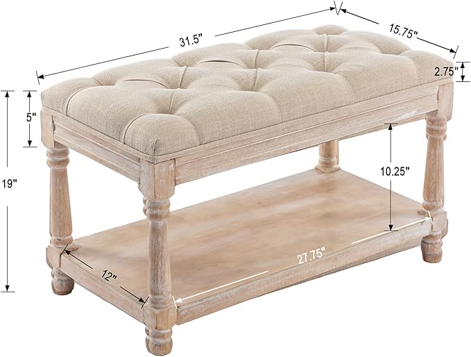 Farmhouse Storage Bench Wooden Entryway Linen Upholstered Ottoman Button Tufted - Image 2